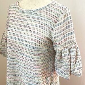 LOFT Tweed Short Sleeve A-Line Dress XS — Cream with Muted Blue/Pink/Green Strip